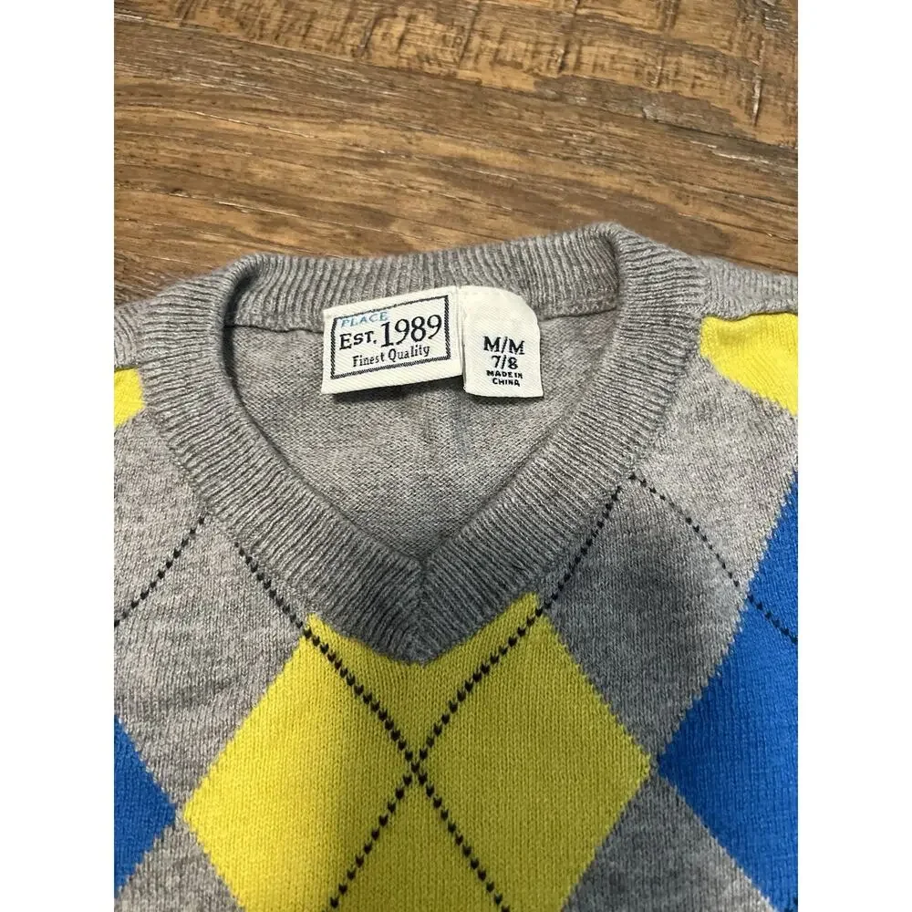 The Children’s Place Gray Argyle Boys Sweater Size Medium 7-8 School Pic Day